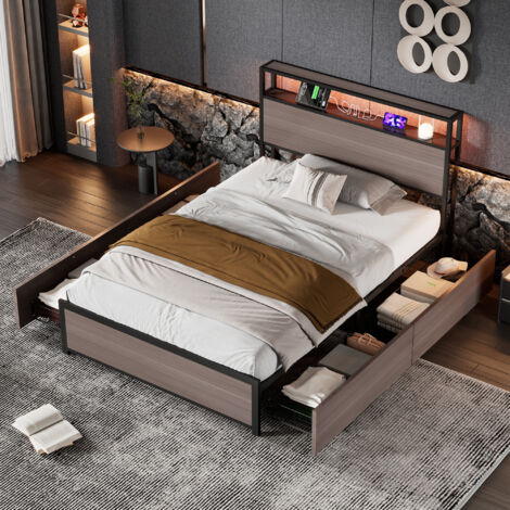 Metal Bed, Youth bed,Multifunctional Bed, Wrought Iron Bed, With LED Light Strip and 4 Drawerss, Grey, Single Bed 90x190cm