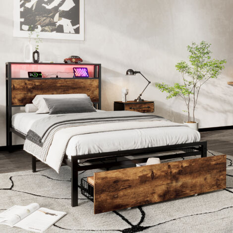 Metal Bed, Youth bed,Multifunctional Bed, Wrought Iron Bed, With LED Light Strip and Drawer, Black+Walnut, Single Bed 90x190cm