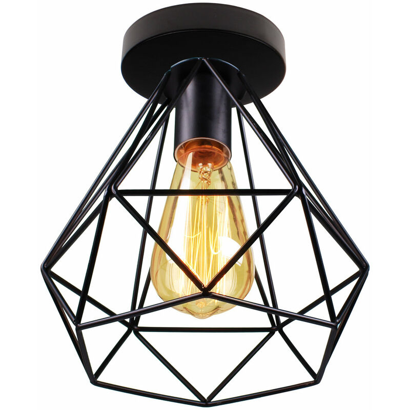 Metal Cage Chandelier Retro Diamond Ceiling Lamp Industrial Pendant Light for Dining Cafe Bedroom Office E27 Black