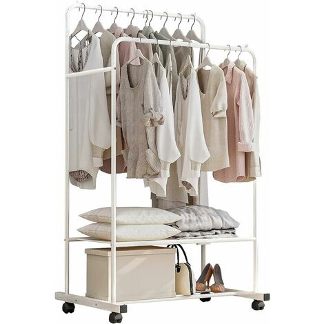 Metal Clothes Hanging Garment Rack with 2 Tier Shelves and Double Rod, CREATIEES Multi-Purpose Double Rail Closet Storage Organizer, Heavy Duty Rolling Pipe Coat Hanger for Boxes Shoes (White)