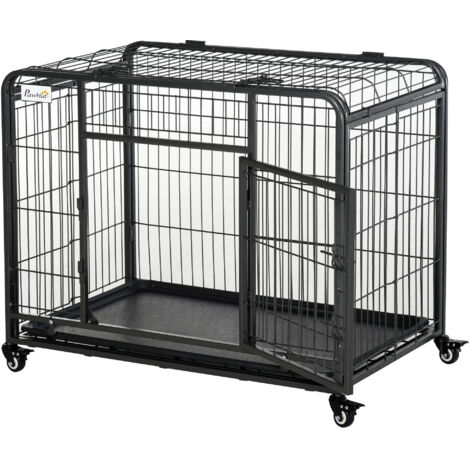 Metal Dog Cage Kennel Locking Door & Wheels Removable Tray Openable Top For Medium Pets 94 x 58 x 69.5 cm