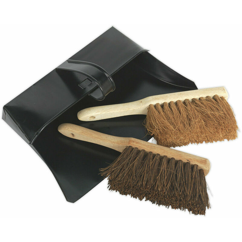 Image of Metal Dustpan & Brushes Set - 2 Brushes - Hard and Soft Bristles - Carry Handle