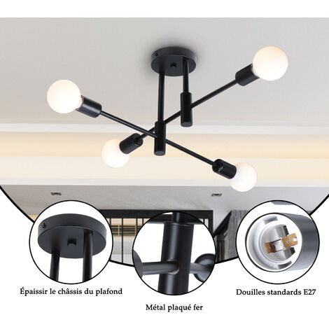 Metal E27 Ceiling Light Modern Industrial Ceiling Lamp 4 Edison Sockets Chandelier Indoor Lighting for Living Room Bedroom Cafe Black