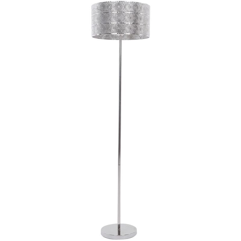 Modern Floor Lamp Chromed Glossy Silver Metal Drum Shade Sunburst Pattern Nuon