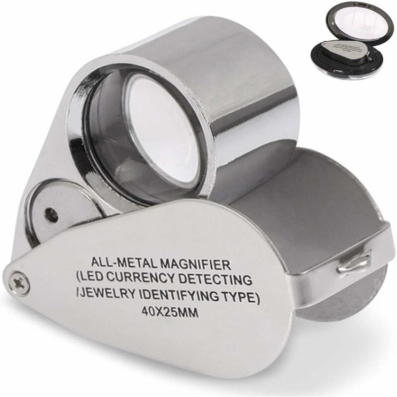 Metal foldable jeweler's loupe with 40 x led light for detecting currencies and identifying the type of lupe