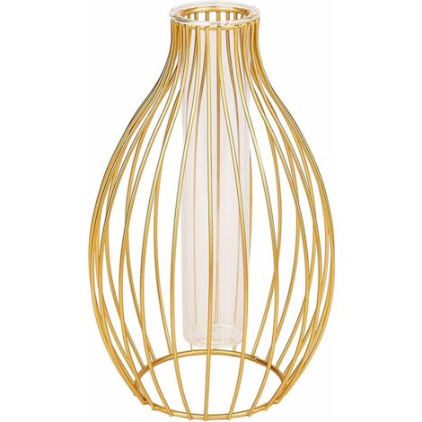 Metal Frame Vase, Lantern Shape Glass Test Tube Vase, Flower Vase for Hydroponic Plant, Solid Terrariums Small Bud Vase for Office Home, Lantern Bottle Golden