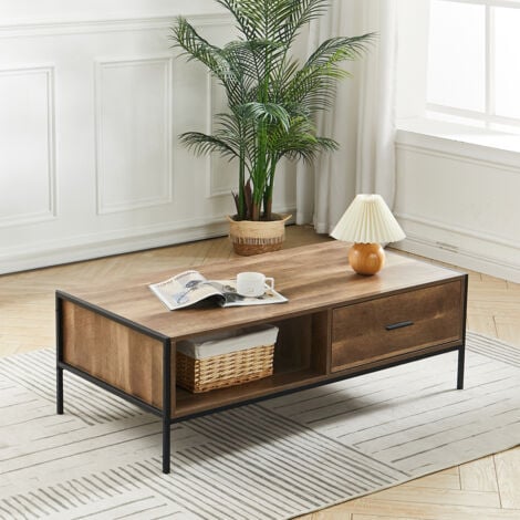 LIVINGANDHOME Metal Frame Wood Grain Coffee Table with Drawer and Shelf Storage Stand