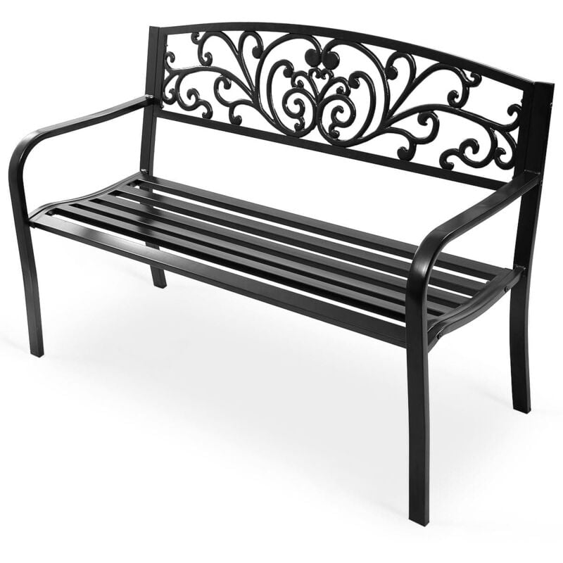 Costway - Metal Garden Bench Patio Park Bench with Curved Seat& Armrests-Black