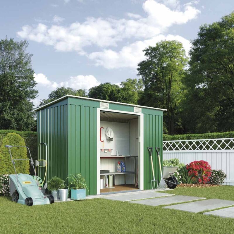 Thompson&morgan - Metal Garden Shed Pent Roof with Foundation Kit Small Outdoor Weatherproof Storage 6.6ft x 4ft with Sliding Doors (Dark Green)
