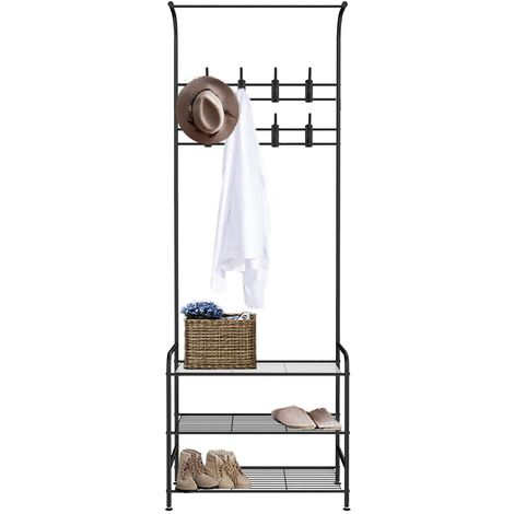 Metal Hat and Coat Stand Hallway Shoe Rack and Bench with Shelves Storage Organiser with Hooks Matte Metal Frame H180CM 