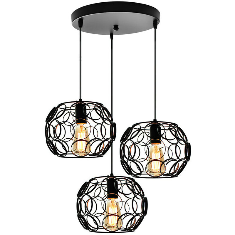 Metal Iron Cage Pendant Light Circle Pendant Lamp 3 Lights Vintage Round Ceiling Lamp for Club Bar Cafe Black 25CM