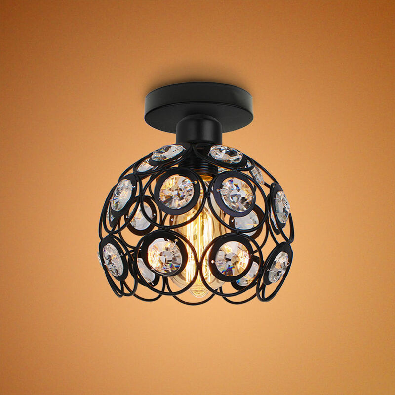 Crystal Ceiling Light, Vintage Industrial Metal Ceiling Lamp, Chandelier with Ø26cm Cage Lampshade for Living Room Hallway (Black)