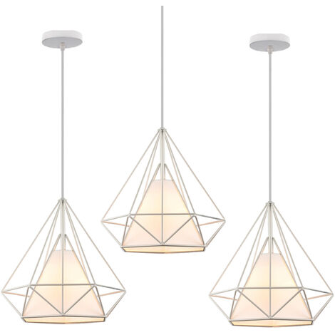 Metal Pendant Light White, Industrial Metal Iron Hanging Ceiling Lamp Ø25cm Diamond Cage Chandelier for Kitchen Island Dinding Room White 3PCS