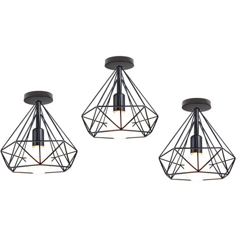 Métal Plafonnier Noir forme Diamant Cage Fer Lustre pour Salon Chambre Café Bar Restaurant Salle À Manger 3 PCS