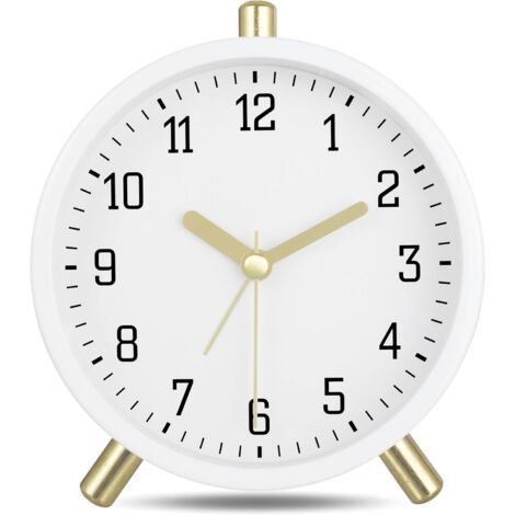 Metal Reloj Despertador Analógico Silencioso, con Luz Nocturna, Blanco Classico Moderno Reloj Mesita de Noche para Mesilla Dormitorio Oficina 11cm