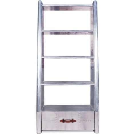 Metal Shelf with Drawer - Aviator Style - 4 Shelves - Zlan Metallic light grey Aluminium, Wood, Metal, PP, Leather, Wood
