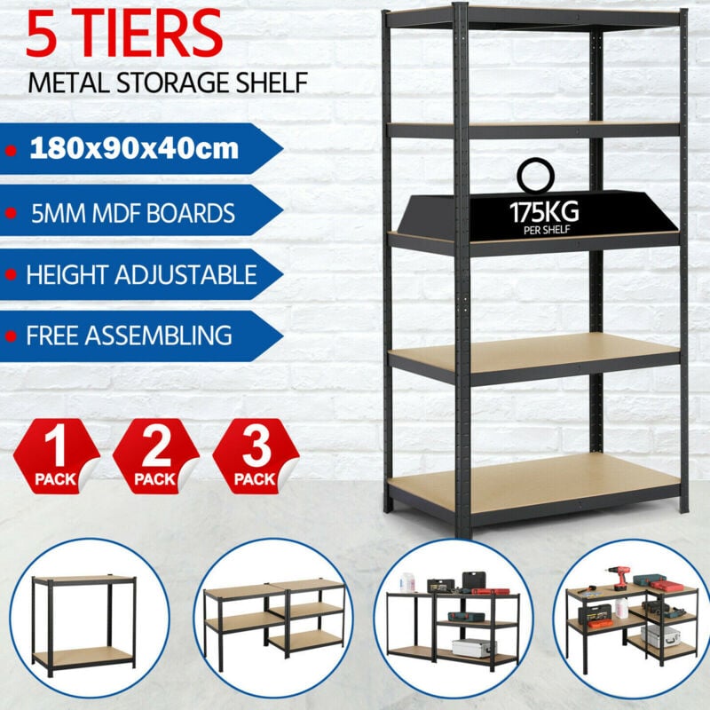 Briefness - Metal Storage Shelve 5-Tier Black Adjustable Storage Shelves Heavy Duty Metal Shelves Storage Boltless Rack 875KG Capacity (175KG Per