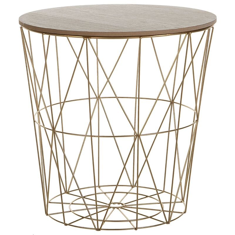 Modern Wire Basket Side Table Storage Round Wooden Top Gold Metal Lanark