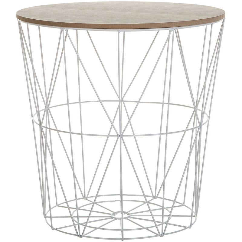 Modern Wire Basket Side Table Storage Round Wooden Top White Metal Lanark