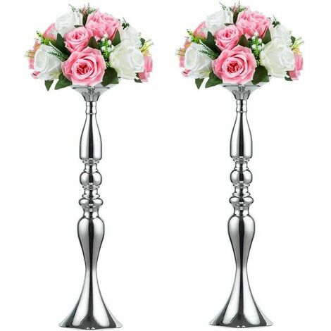 Metal Vase for Wedding Centerpieces Table Decoration-Artificial Flower Arrangement-Pillar Candle Holder Stand Set for Wedding Party Centerpiece Table Home Decor-2 Pcs -Silver