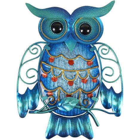 Metall-Eulen-Wandkunst für den Außenbereich, hängende Dekoration, Glas-Vogelskulptur für Terrasse, Veranda oder Tür