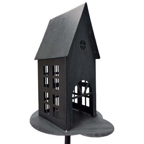 Metall Gartenstecker Haus in anthrazit - H 75 cm - Gartendeko Beetstecker Windlicht - Frühling Sommer Blumenbeet Deko Laterne Metallstecker mit Erdspieß