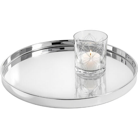 Metall Kerzentablett silber rund - 30 cm - Deko Silbertablett glänzend mit Rand