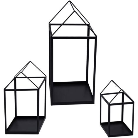 Metall Laterne in Haus Form schwarz 3er Set - 45 / 33 / 23 cm - Deko Windlicht zum Hinstellen - Kerzenhalter Kerzenständer industiral modern