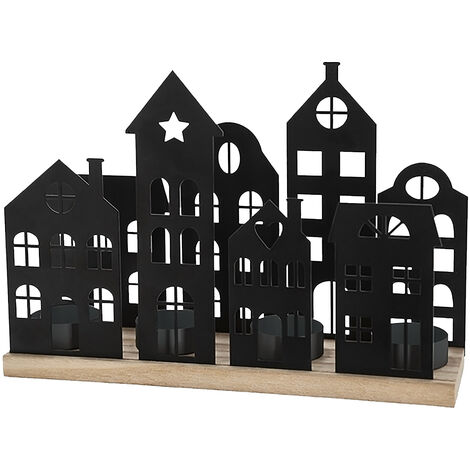 Metall Teelichthalter Häuserzeile schwarz - 25 x 18 cm - Weihnachtsdorf Silhouette mit Haltern für 4 Teelichter - Weihnachten Tisch Deko Kerzenhalter für Teelichter Weihnachtsstadt Skyline