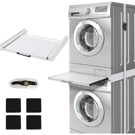 Metall Verbindungsrahmen mit Ausziehplatte, Verdickte Zwischenbaurahmen, Universal Zubehör für Waschmaschine Trockner Wäschekorb, Ausziehbarer Ablage Max.150kg, inkl. Zurrgurt, Weiß