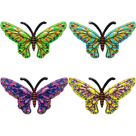 Metall-Wanddeko [Kunst] + [Kollektion] + [Schmetterling] + [4er-Pack] Mit lebendigem, farbenfrohem Muster aus rostfreiem Eisen für den Garten oder den Innenbereich (10,5 x 6,3 x 0,3 cm/80 g).