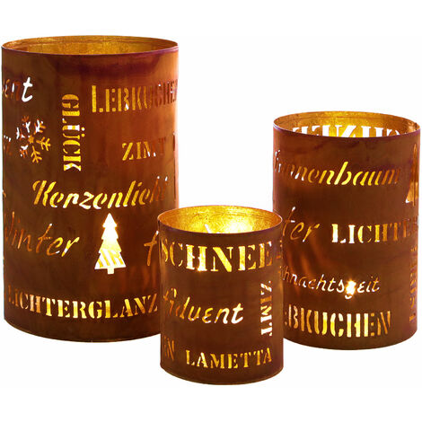 Metall Weihnachts Windlicht rund Rost Optik 3er Set - Sprüche - Winter Tisch Deko Laterne Kerzen Halter
