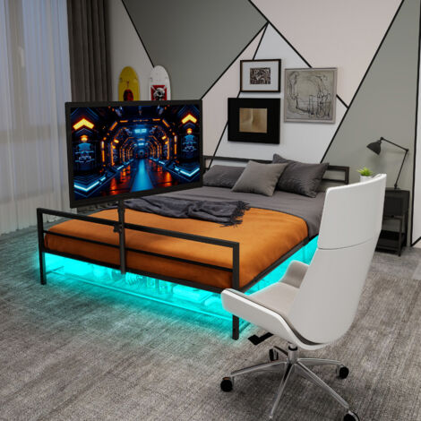 Metallbett aus Eisen in Schwarz mit LED-Beleuchtung, verstellbarer Monitorhalterung und Aufbewahrungskorb