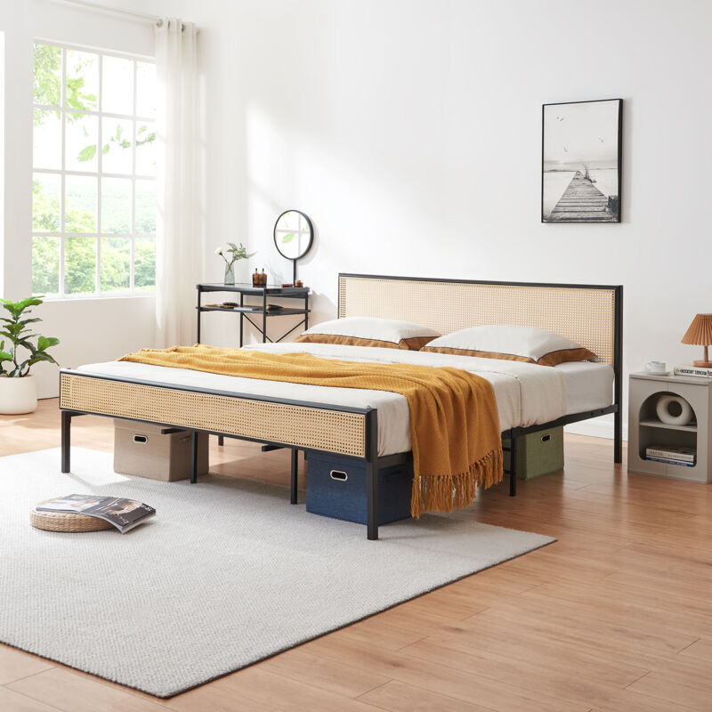 Metallbett Linköping Mit Rechteckigem Kopfteil 180x200 Cm Schwarz/rattanoptik [en.casa]