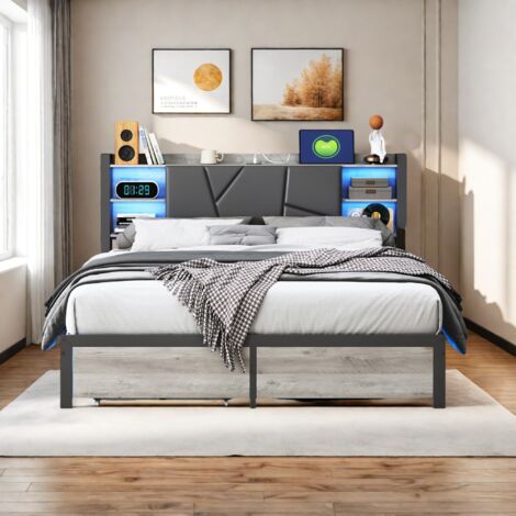 Metallbettrahmen 140 x 200 cm, Kopfteil mit Stauraum, LED, Ladeanschluss, Jugendbett, Stauraumbett mit 2 Schubladen, Funktionsbett