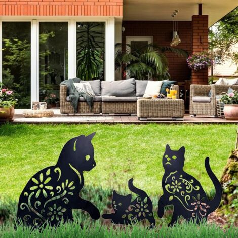 Metallene Gartendekoration, 3 Katzensilhouetten, schwarzes Eisen, verschiedene Größen, witterungsbeständig.