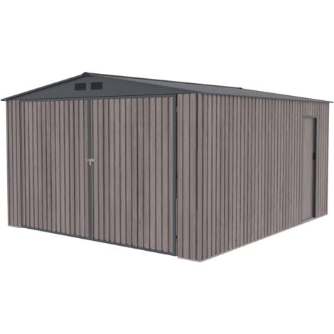 Metallgarage Gardiun Surrey 15,96 m2 380x420x232 cm 1 Auto Doppelflügeltür, Seitentür und Lüftungsöffnungen Holzeffekt
