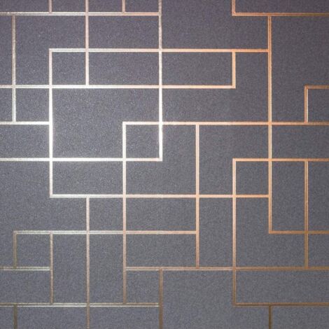 Metallic Foil Square Geometric Wallpaper Charcoal Rose Gold Fine Decor Platinum