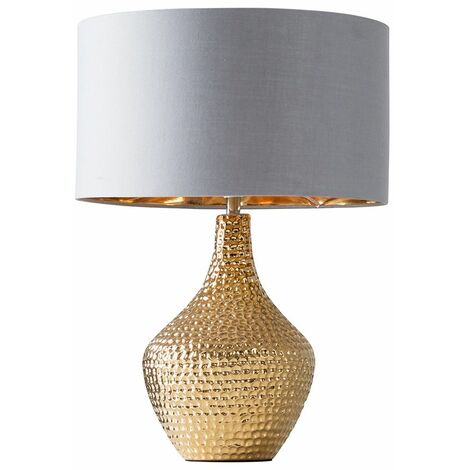 main image of "Metallic Gold Indent Textured Ceramic Table Lamp Grey/Gold Drum Shade - No Bulb"