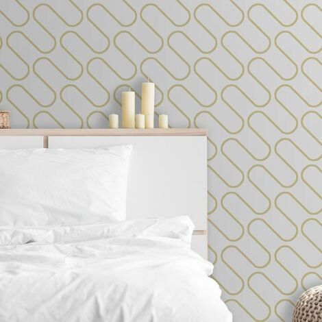 Metallic Gold White Linear Curve Wavey Lines Minimalist Feature Wallpaper