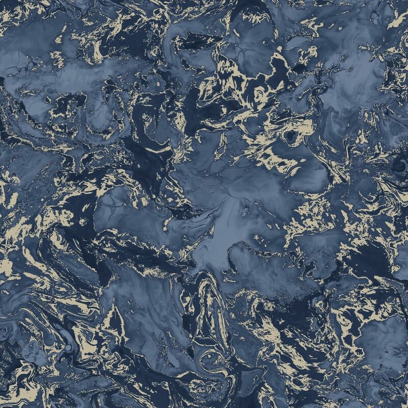 Wdwallpaper - Metallic Ripple Liquid Marble Elixir Swirl Blue Gold Shimmer Wallpaper