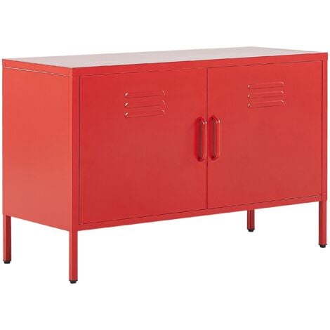 BELIANI Metallschrank Rot Stahl 100 x 40 x 65 cm Sideboard mit hohen Füßen Türen Griffen Regalboden Wohnzimmer Büro Arbeitszimmer Flur Bad