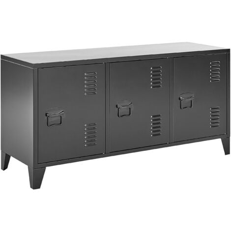 BELIANI Metallschrank Schwarz Stahl 40 x 120 x 60 cm Sideboard mit Griffen 3 Türen 2 Regalböden Wohnzimmer Büro Arbeitszimmer Flur Bad