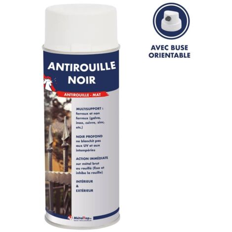Metaltop – Antirouille noir 400 mL – Bombe aérosol mat – Protection métal jusqu'à 12 ans – Séchage rapide 30 min – Recouvrable après 4h