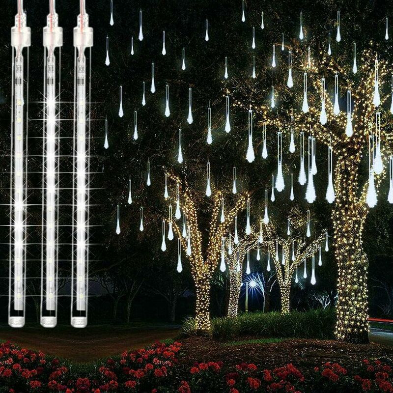 

Meteor - Guirnalda de ducha LED impermeable 192 LED 30 cm 8 tubos al aire libre para Navidad Gotas de lluvia en cascada para bodas, jardines, árboles