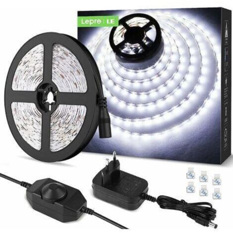 Meter LED-Streifen, 1200 Lumen, kaltweißes Licht, dimmbar, 12 V, 6000 K, 300 LEDs (Typ 2835), selbstklebend, mit Dimmer, Anschlusskabel und Transformator