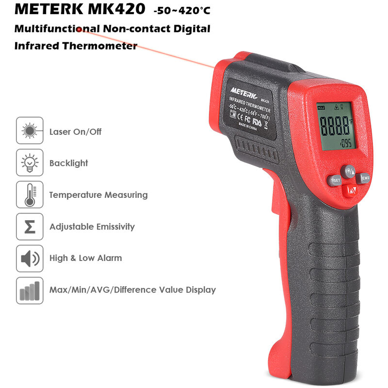 

Meterk MK420 -50 ~ 420 ° C 12: 1 Mini multifuncional portatil sin contacto LCD digital IR Termometro infrarrojo Probador de temperatura Pirometro con