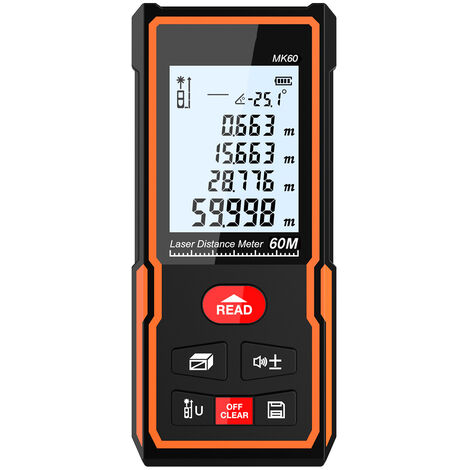 Meterk Télémètre laser numérique portable Outil de mesure de volume de surface portable Télémètre Télémètre de haute précision M/In/Ft Stockage de données Fonction de mémoire Écran LCD Rétro-éclairage