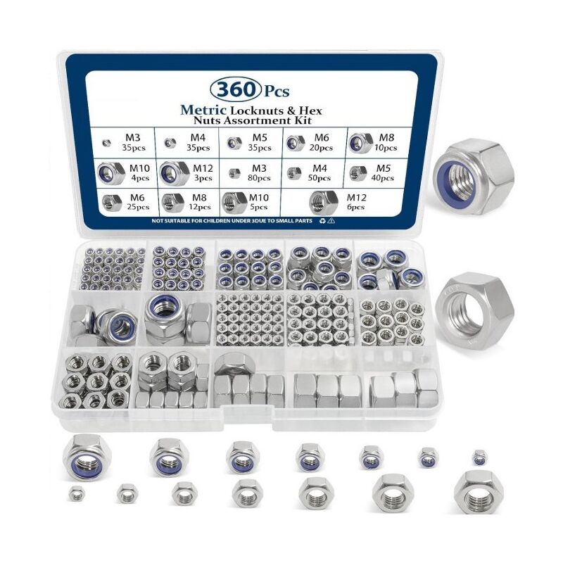 Metric Hex Nuts & Locknuts Assortment Kit(360Pcs),M3 M4 M5 M6 M8 M10 M12 304 Stainless Steel Assorted Hex Nuts Sets,Bright Finish