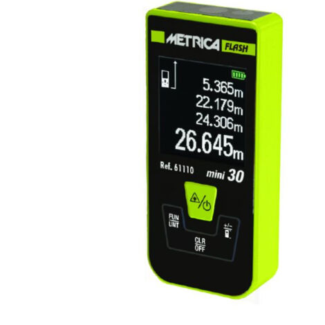 Metrica – Télémètre laser compact 30m – Précision ± 3 mm – Affichage rétroéclairé – Étanchéité IP54 – Rechargeable par USB